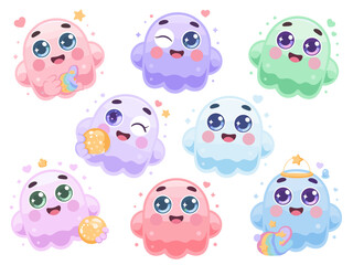 Adorable colorful kawaii cartoon ghost character set, friendly smiling spirit collection vector illustration asset for kids' advertising, playful Halloween design stickers, charming graphic resource b