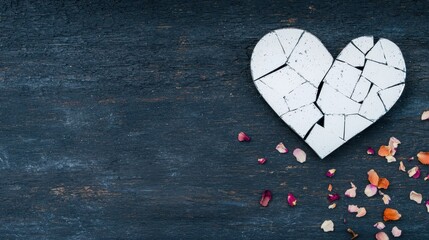 Broken Heart Sculpture on Dark Textured Background with Rose Petals on Surface