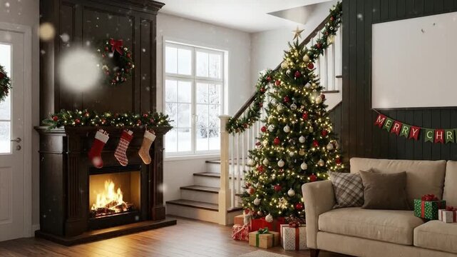 This inviting scene captures the quintessential charm of a winter holiday season, perfect for evoking feelings of warmth and joy. A beautifully decorated living room features a crackling fireplace wit