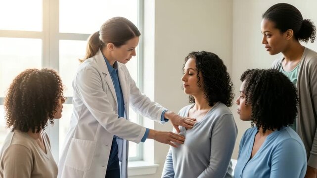 A doctor checks a woman's health while three other women observe closely in a clinic