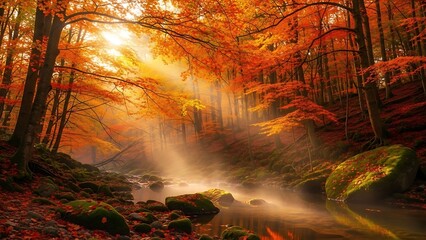 Autumn Forest Scene with Sunlight Filtering Through Vibrant Orange Red Leaves and Mossy Rocks by Stream
