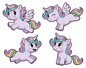 Fototapeta premium Sweet collection of four cartoon baby unicorn and winged pegasus characters in various action poses, happy and playful with spiral horns and colorful pastel rainbow manes and tails, cute vector illust