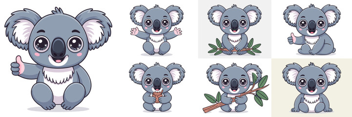 Fototapeta premium Cute koala bear mascot vector illustration set with various cheerful poses like smiling, waving, and giving thumbs up while sitting, holding eucalyptus branches, ideal graphic resource for children's