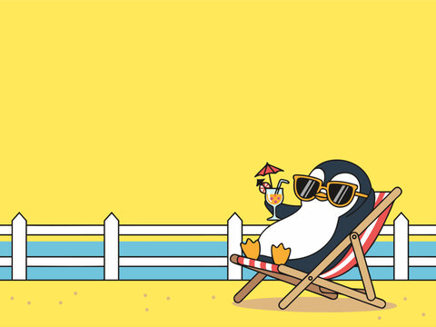 Cute penguin relaxing on the beach with a drink illustration