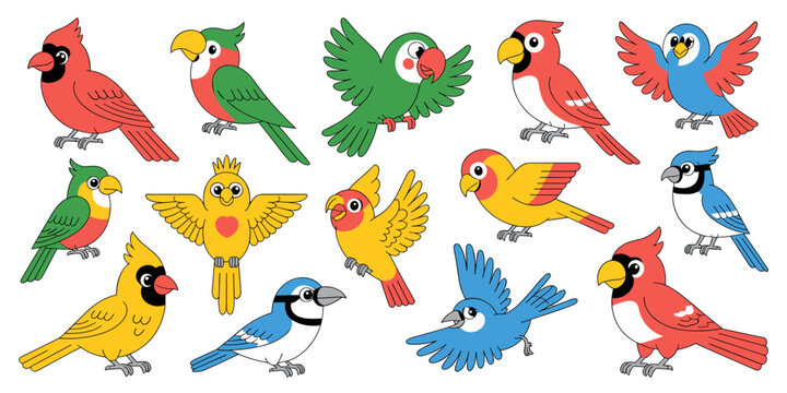Adorable cartoon jungle and common songbirds vector illustration set featuring bright red cardinals, blue jays, green macaws, and yellow tropical fowl isolated elements for kids' education, wildlife p