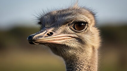 Close Up of an Ostrich Head with Large Eye and Feathers in Natural Setting
