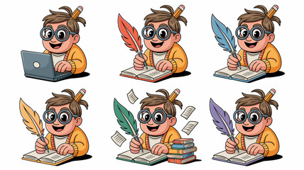 Versatile cartoon student or young author character uses six different writing tools, showing creativity, from typing on a modern laptop computer to using colorful vintage feather quill pens and noteb