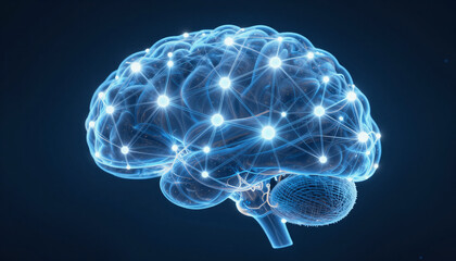 Abstract representation of a neural network, glowing synaptic connections in a blue brain shape