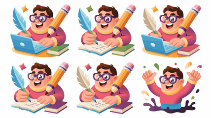 Happy author or diligent academic student generating exciting new digital and traditional content, writing with a feather quill, oversized pencil, and computer, symbolizing creativity, publishing, lea