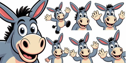 A collection of cute cartoon donkey mascot character illustrations in blue and gray, happily smiling, laughing, and waving a friendly greeting in expressive poses, isolated on a clean white background