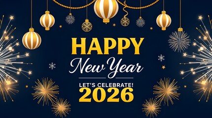 Happy New Year 2026 Celebration Banner with Gold Ornaments & Fireworks