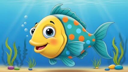 Colorful Cartoon Fish Swimming in Underwater Scene with Seaweed and Pebbles
