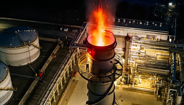 Industrial flare stack at night burning gas with intense flames and sparks from an aerial view, energy.