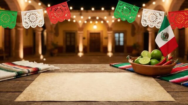 This lively and inviting video background features a rustic wooden table with a blank parchment-style paper scroll positioned prominently for text or product display. Flanking the paper are vibrant, t
