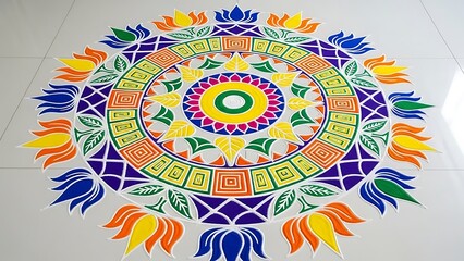 Colorful Geometric Rangoli Pattern on White Floor for Festival Celebrations