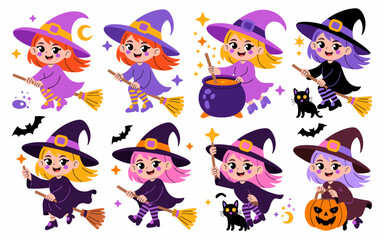 Charming vector cartoon little girl witches characters collection featuring cheerful kids flying on broomsticks, stirring bubbling cauldron potions, carrying jack-o'-lanterns; cute Halloween graphic s