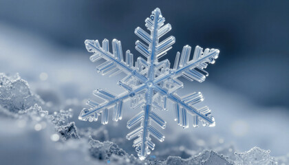 Microscopic view of a snowflake crystal structure, extreme macro, blue and white