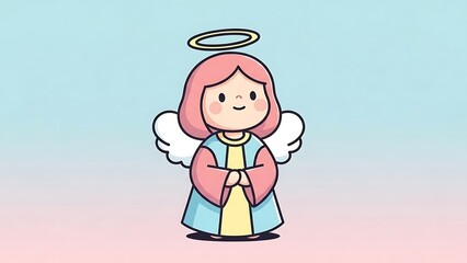 Cute Cartoon Angel with Pink Hair White Wings and Halo in Pastel Background
