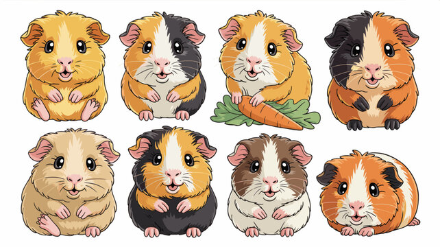 Adorable cartoon guinea pigs illustration collection of eight happy friendly cavies sitting, showcasing a vibrant variety of coat colors and patterns, useful for playful children's book design, zoolog