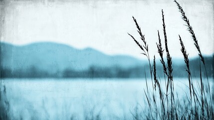 Obraz premium Serene Grass Silhouettes Against a Misty Blue Mountain Landscape in Soft Light