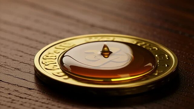 Golden elixir dripping onto coin, promising wealth and prosperity in a captivating financial investment video, perfect for luxury branding campaigns