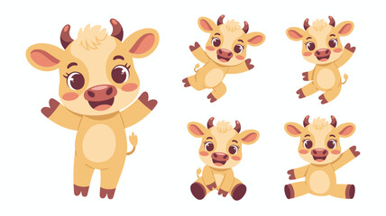 Obraz premium Adorable baby cow or calf cartoon character vector set standing, jumping, and sitting, cute happy bovine mascot bundle for children's books, dairy farm advertising, and fun graphic design resources, i