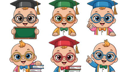 A collection of six adorable cartoon baby scholar characters wearing colorful graduation caps and nerdy glasses, promoting academic learning, holding textbooks, pointing, and featuring a blank chalkbo