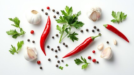 Fresh herbs and spices on a white background.