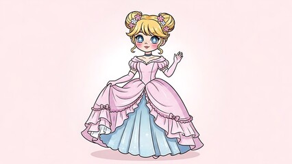 Cute Cartoon Girl in Pink and Blue Dress with Flower Accessories on Blonde Hair