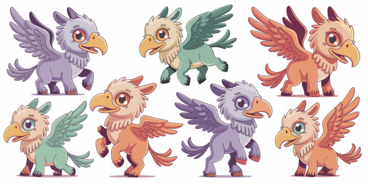 Adorable baby griffins and gryphons vector illustration set of eight cute cartoon mythical fantasy creatures in playful poses, including lilac, teal, and orange colors, perfect graphic elements for ch