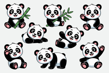 Adorable baby panda bears cartoon vector illustration set featuring smiling cubs holding bamboo, sitting, waving, and lying down, perfect graphic resource for children's marketing, sticker designs, ed