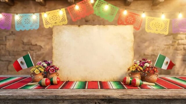 This vibrant and festive scene features a blank, aged parchment-like space, perfect for custom text or graphics, set against a warm, textured stone wall background. Overhead, a string of glowing light