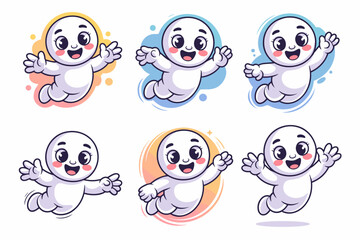 Obraz premium Collection of friendly, adorable, cute baby-like ghost characters and white spirits flying, floating happily with wide smiles and welcoming open arms, bright vector illustrations for kawaii marketing,