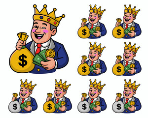 A happy wealthy king cartoon mascot illustration wearing a gold crown and blue suit, excitedly holding a large yellow money bag, cash bills, and a coin, symbolizing financial success, jackpot winning,