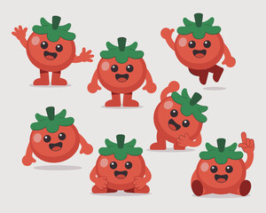 Fototapeta premium Cheerful cartoon tomato character collection showing various cute expressive poses like waving, jumping, sitting, and standing; ideal graphic resource design for children's healthy food education, nut