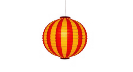 Red and yellow striped spherical paper lantern hanging isolated on transparent background