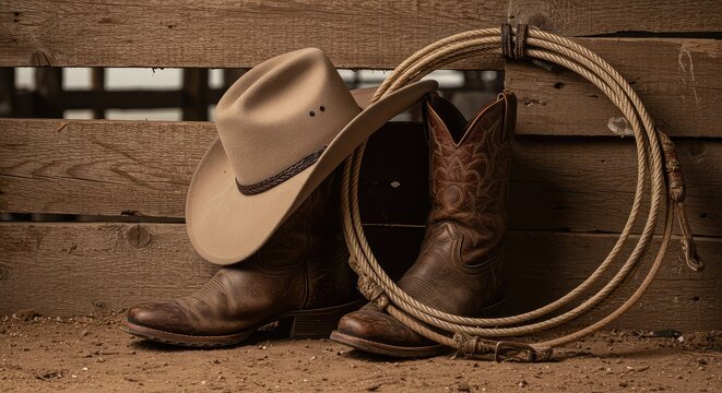 Essential ranch equipment: weathered cowboy hat, rugged leather boots, and a coiled lariat rope against a dusty wooden fence ,dusty ,livestock ,arid