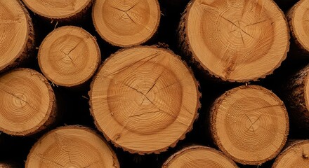 Fototapeta premium Freshly cut timber logs stacked high in a remote forest clearing, displaying the rings and texture of harvested wood ready for milling and transport ,operation ,wood ,lumber