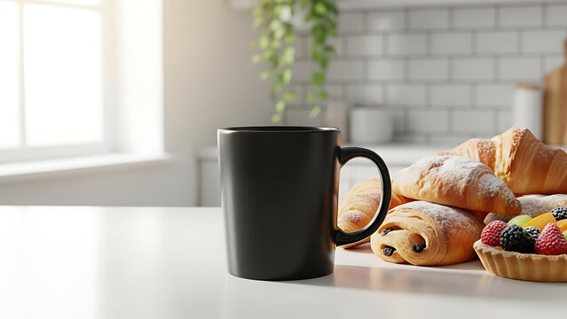 Black Coffee Mug on White Countertop with Breakfast Pastries - Powered by Adobe
