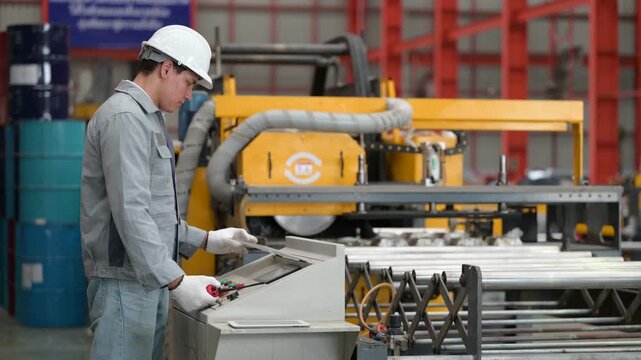 Industrial machine operator wearing safety helmet controlling automated conveyor belt system at control panel in manufacturing factory production line for automation industry concept.