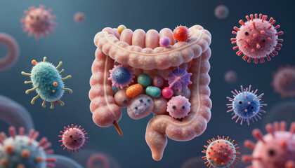 3D illustration of a gut microbiome, colorful good bacteria vs bad bacteria