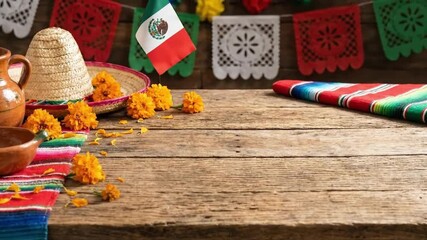 This vibrant static shot showcases a rustic wooden table adorned with traditional elements perfect for a festive occasion. Colorful decorative paper banners, reminiscent of perforated artistry, hang a