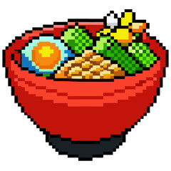 Fototapeta premium A vibrant pixel art illustration of a red ramen bowl filled with various ingredients including an egg, green vegetables, and other toppings.