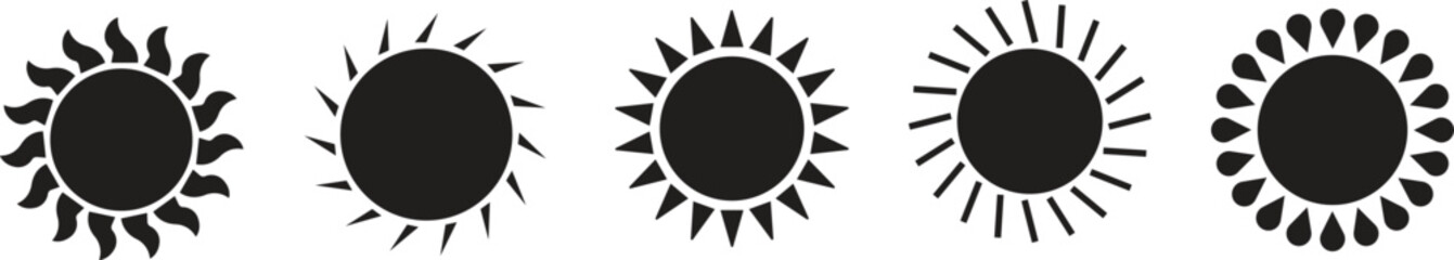 Sun Icon set. Sunshine and solar glow, sunrise or sunset. Decorative circle full and half sun and sunlight. Hot solar energy for tan. Scribble sun with rays symbols. Doodle children drawings collectio