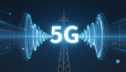 Abstract visualisation of 5G waves spreading from a tower, digital connectivity