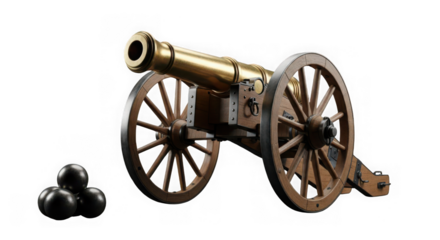 Antique brass cannon with cannonballs isolated on transparent background