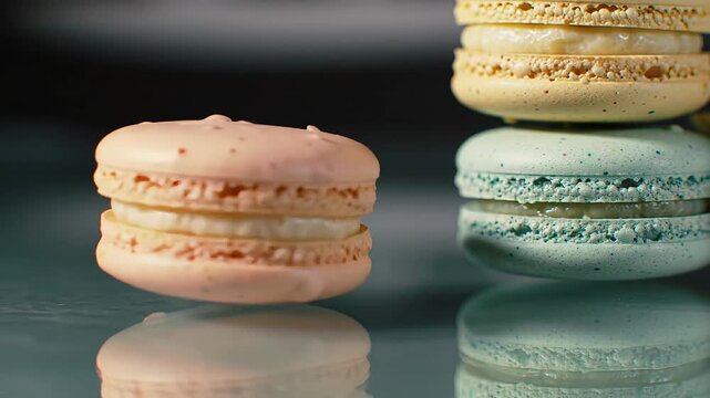 Delicious macarons stacked in tempting colors, perfect for celebrating special occasions, parties or gourmet treats in a bakery setting