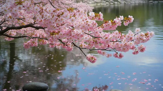Cherry blossom petals fall slowly into a koi pond, rippling the reflection of the sky. 