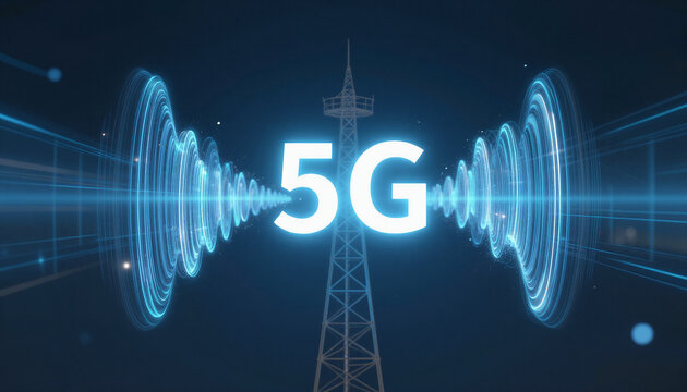 Abstract visualisation of 5G waves spreading from a tower, digital connectivity - Powered by Adobe