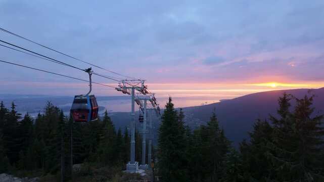 Gimbal wide panning shot of the Blue Gondola at sunset from the summit of Grouse Mountain in North Vancouver, British Columbia, Canda. 4K